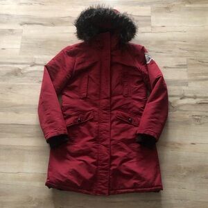 Women's Burgundy Ski Jacket with Faux Fur Hood